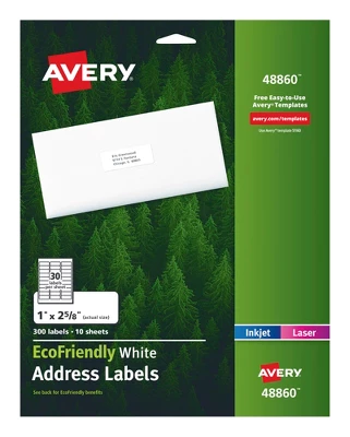 Avery EcoFriendly Address Labels, 1 X 2-5/8 Inches, Pack Of 300 1 Avery EcoFriendly Address Labels, 1 X 2-5/8 Inches, Pack Of 300