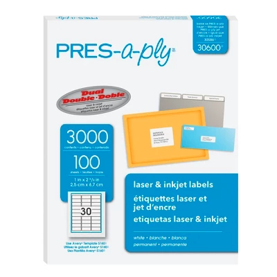 Avery Pres-a-ply Laser/Inkjet Labels, 1 X 2-5/8 Inches, Pack Of 3000 1 Avery Pres-a-ply Laser/Inkjet Labels, 1 X 2-5/8 Inches, Pack Of 3000